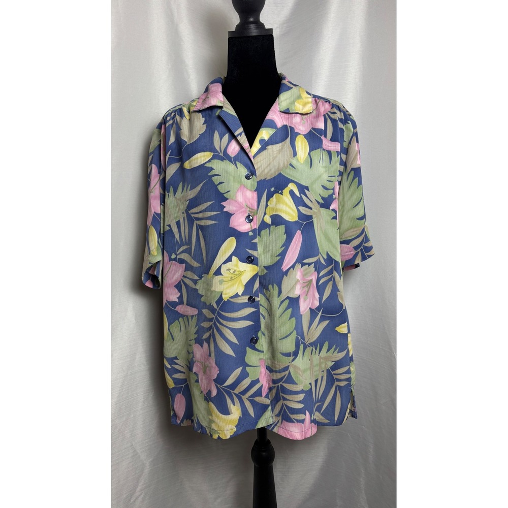 Donnkenny Classics Button Down Shirt Women Large Blue Tropical Floral Vintage